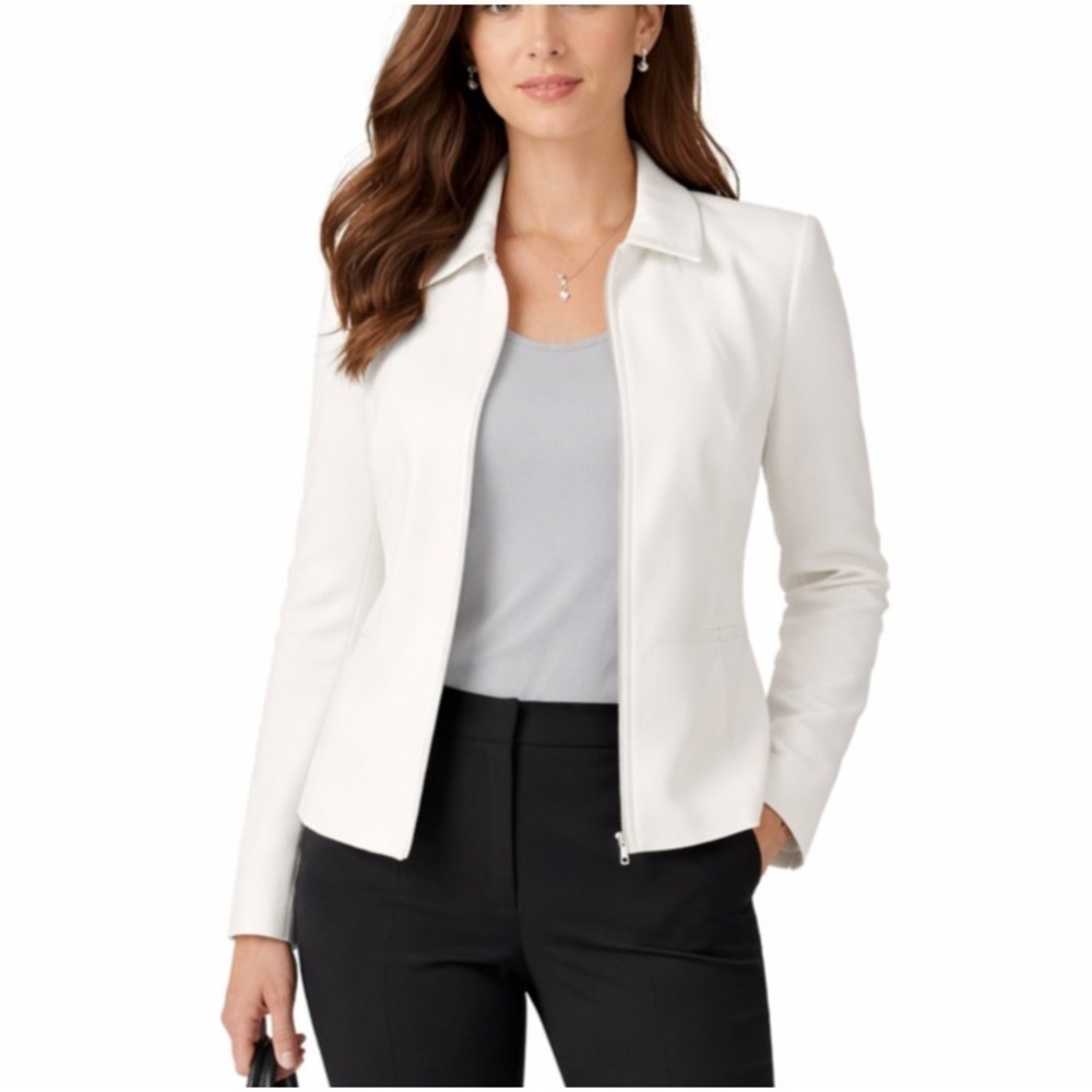 SAG HARBOR Size 10P Ivory Brushed Twill Collared Full Zip Jacket Quiet Luxury
